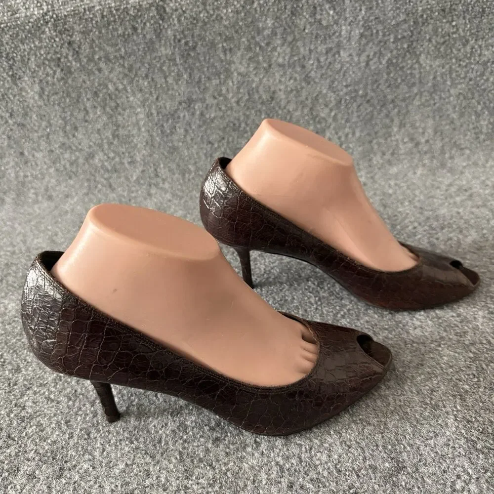 Donald J Pliner Tiff Brown Crocodile Embossed Slip-On Peep Toe Leather Pump 9N